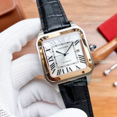 Cartier Santos 8215 Movement Watch White Dial Black Leather Strap Rose Gold Bezel